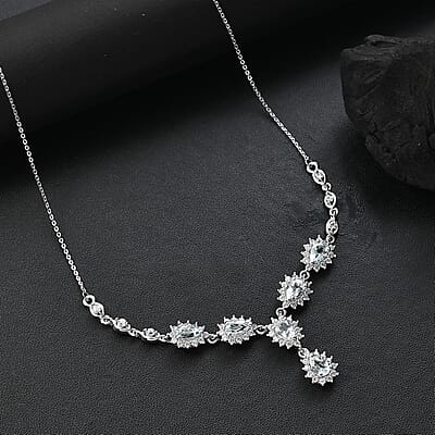 D'Joy Premium Mangoro Aquamarine and White Zircon 3.80 ctw Celestial Cascade Necklace in Rhodium Over Sterling Silver 18-20 Inches