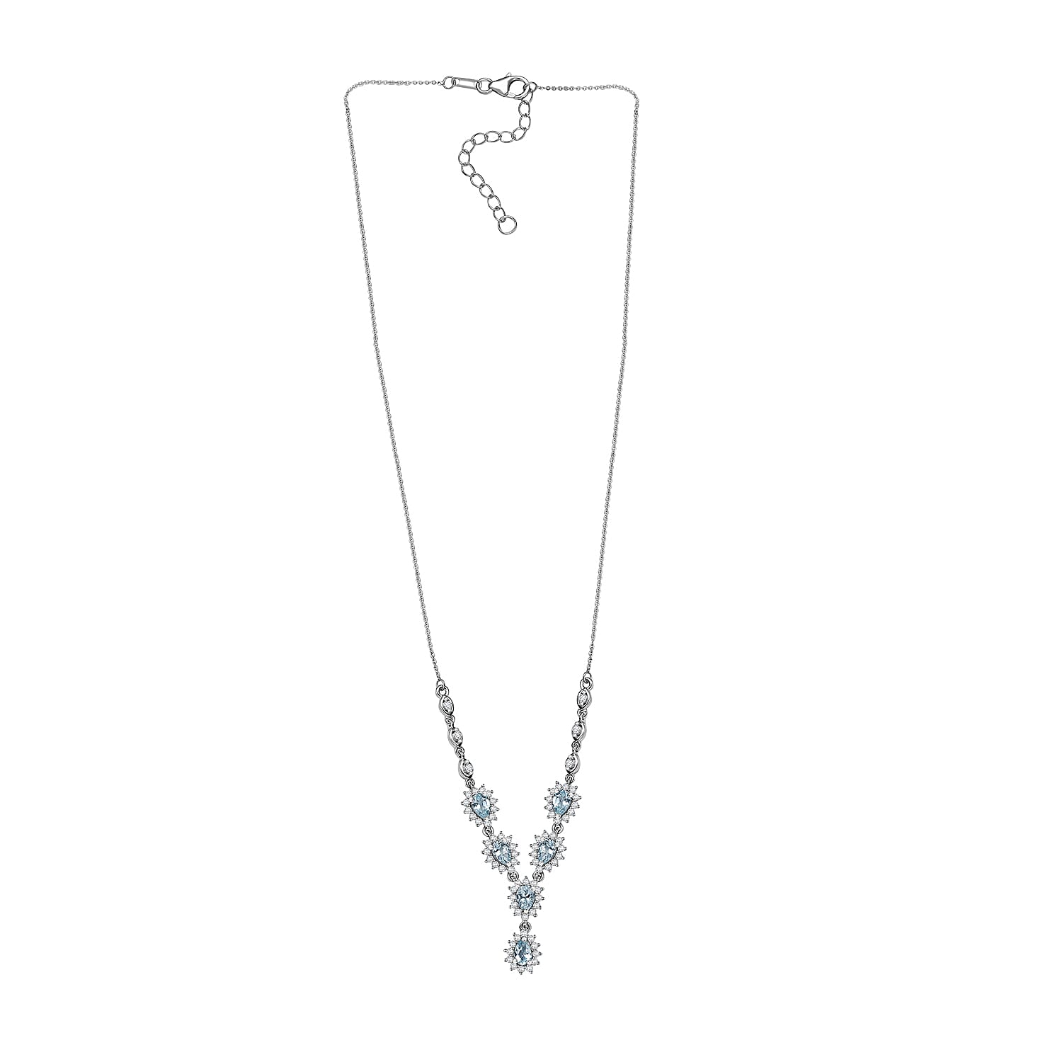 D'Joy Premium Mangoro Aquamarine and White Zircon 3.80 ctw Celestial Cascade Necklace in Rhodium Over Sterling Silver 18-20 Inches