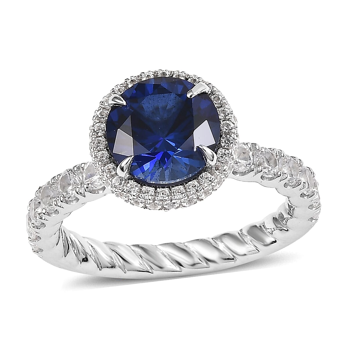Lab Created Blue and White Sapphire 3.50 ctw Ring in Rhodium Over Sterling Silver (Size 7.0)
