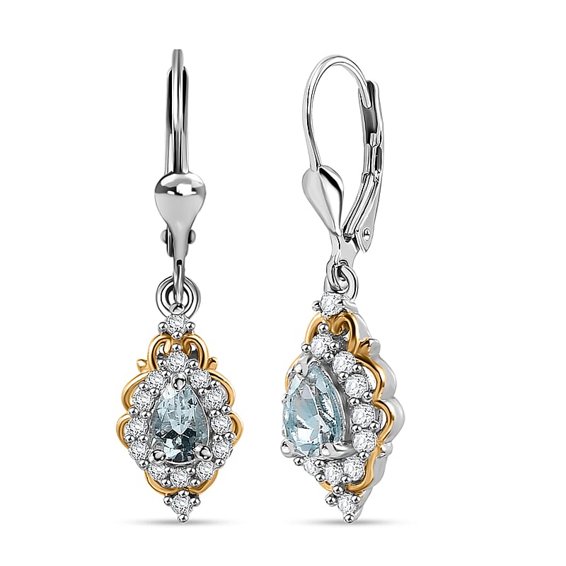 D'Joy Premium Mangoro Aquamarine and White Zircon 1.25 ctw Victorian Drop Earrings in 18K Vermeil YG and Rhodium Over Sterling Silver