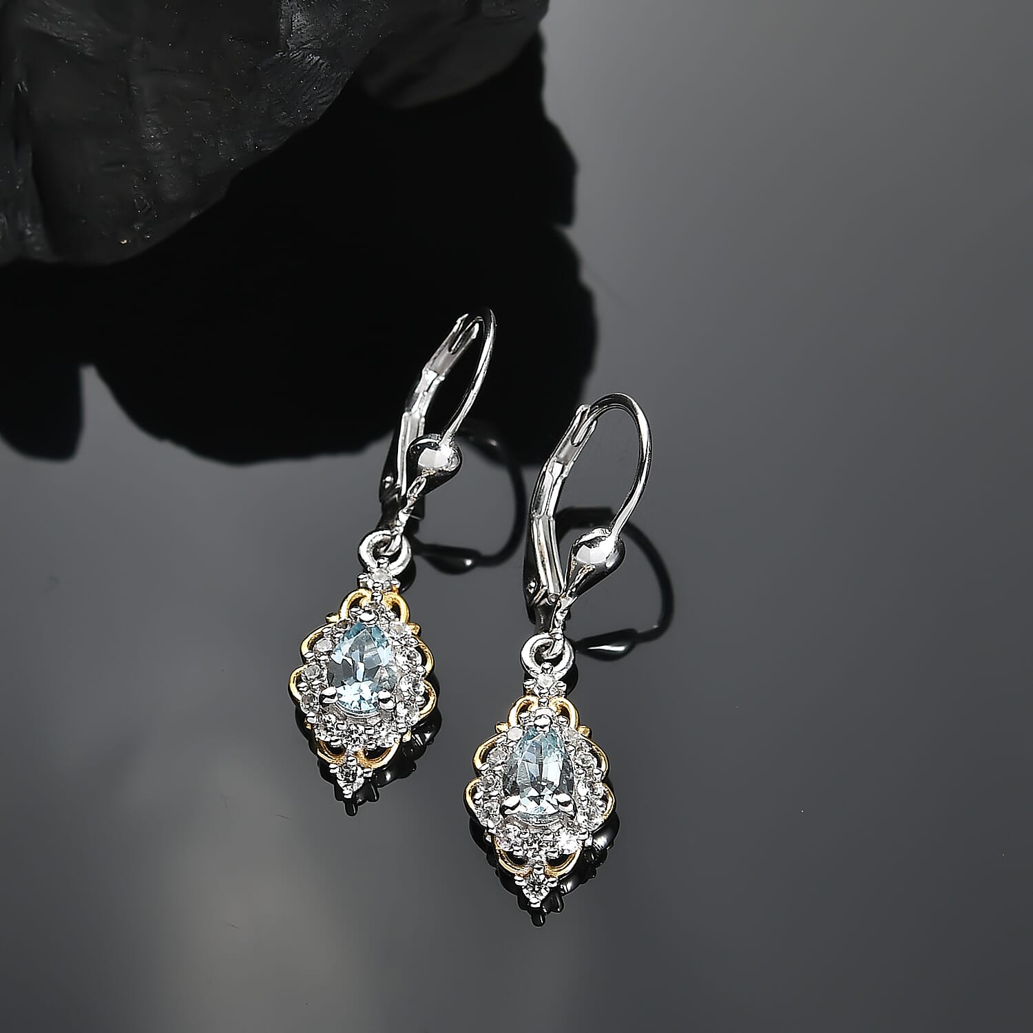 D'Joy Premium Mangoro Aquamarine and White Zircon 1.25 ctw Victorian Drop Earrings in 18K Vermeil YG and Rhodium Over Sterling Silver