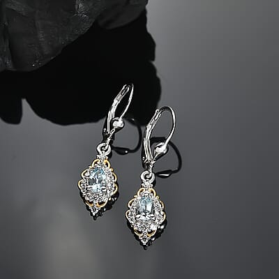 D'Joy Premium Mangoro Aquamarine and White Zircon 1.25 ctw Victorian Drop Earrings in 18K Vermeil YG and Rhodium Over Sterling Silver