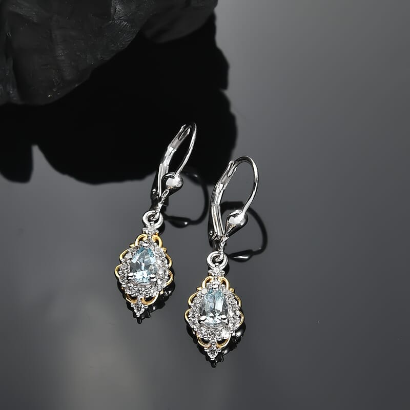 D'Joy Premium Mangoro Aquamarine and White Zircon 1.25 ctw Victorian Drop Earrings in 18K Vermeil YG and Rhodium Over Sterling Silver
