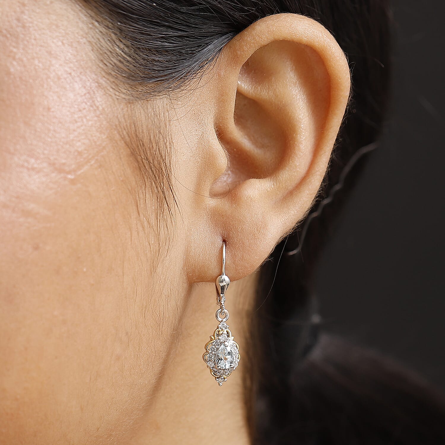 D'Joy Premium Mangoro Aquamarine and White Zircon 1.25 ctw Victorian Drop Earrings in 18K Vermeil YG and Rhodium Over Sterling Silver