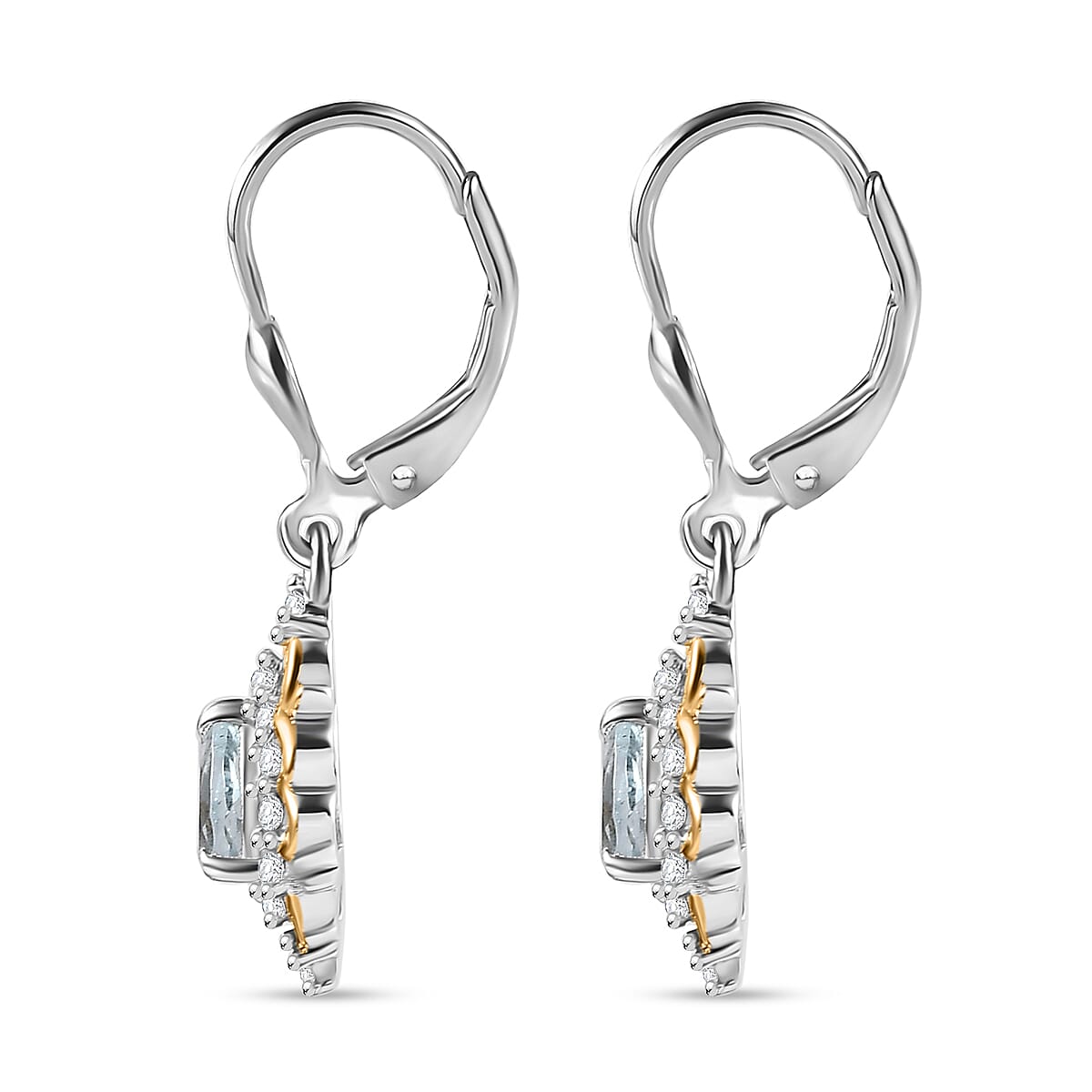 D'Joy Premium Mangoro Aquamarine and White Zircon 1.25 ctw Victorian Drop Earrings in 18K Vermeil YG and Rhodium Over Sterling Silver