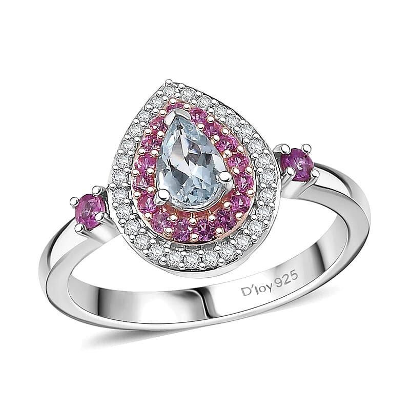 D'Joy Premium Mangoro Aquamarine and Multi Gemstone 0.80 ctw Ocean Empress Ring in 18K Vermeil RG and Rhodium Over Sterling Silver (Size 10.0)