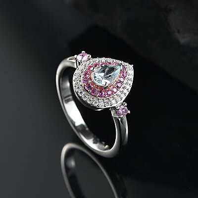 D'Joy Premium Mangoro Aquamarine and Multi Gemstone 0.80 ctw Ocean Empress Ring in 18K Vermeil RG and Rhodium Over Sterling Silver (Size 10.0)