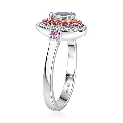 D'Joy Premium Mangoro Aquamarine and Multi Gemstone 0.80 ctw Ocean Empress Ring in 18K Vermeil RG and Rhodium Over Sterling Silver (Size 10.0)
