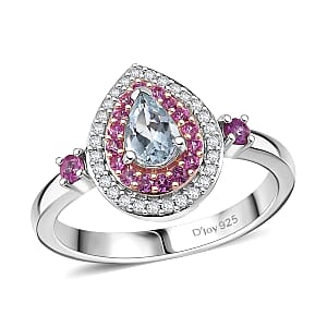 D'Joy Premium Mangoro Aquamarine and Multi Gemstone 0.80 ctw Ocean Empress Ring in 18K Vermeil RG and Rhodium Over Sterling Silver (Size 8.0)