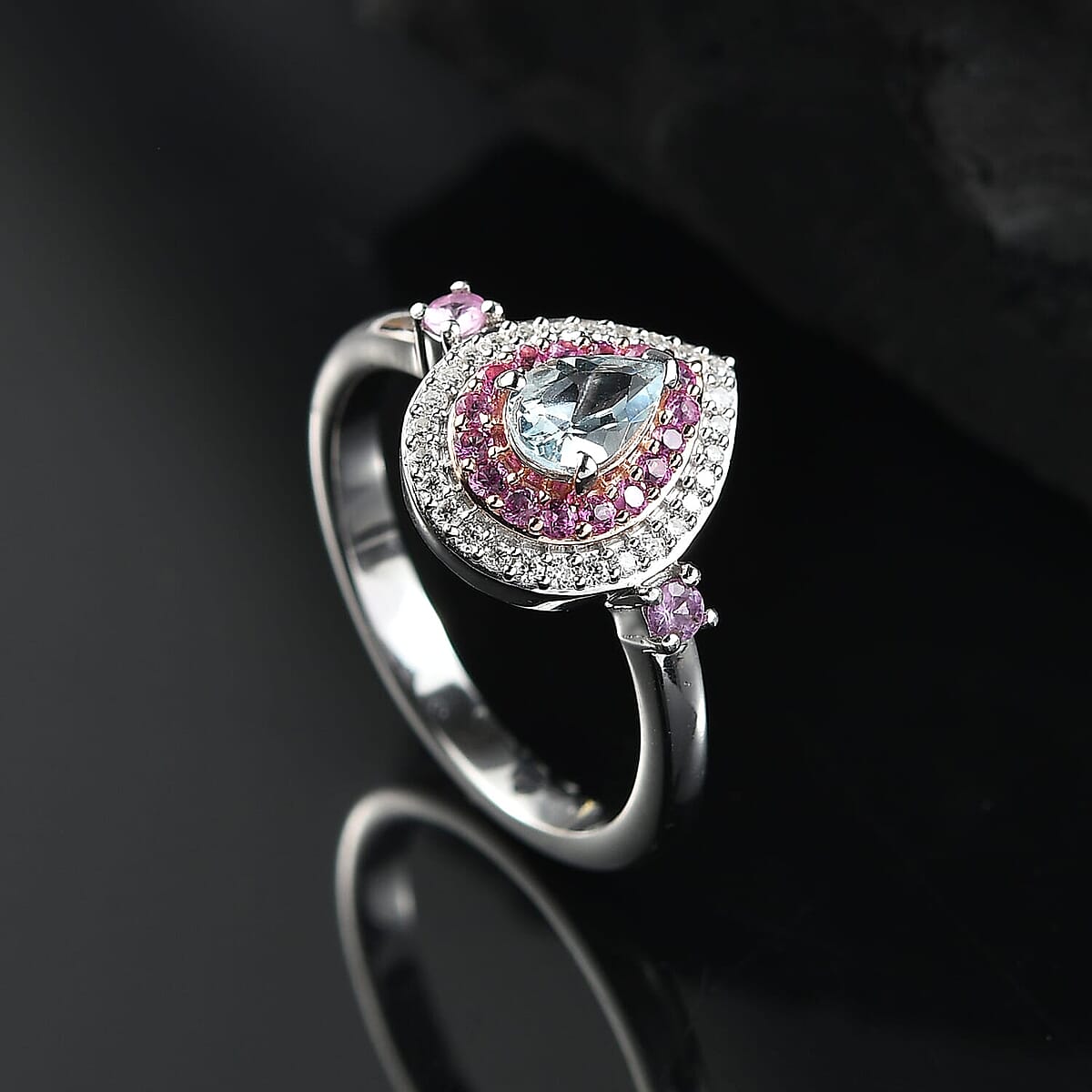 D'Joy Premium Mangoro Aquamarine and Multi Gemstone 0.80 ctw Ocean Empress Ring in 18K Vermeil RG and Rhodium Over Sterling Silver (Size 8.0) image number 1