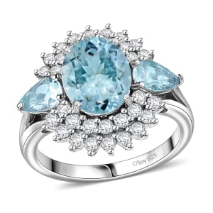 D'Joy Premium Mangoro Aquamarine and White Zircon 4.60 ctw Glacier Bloom Ring in Rhodium Over Sterling Silver (Size 10.0)