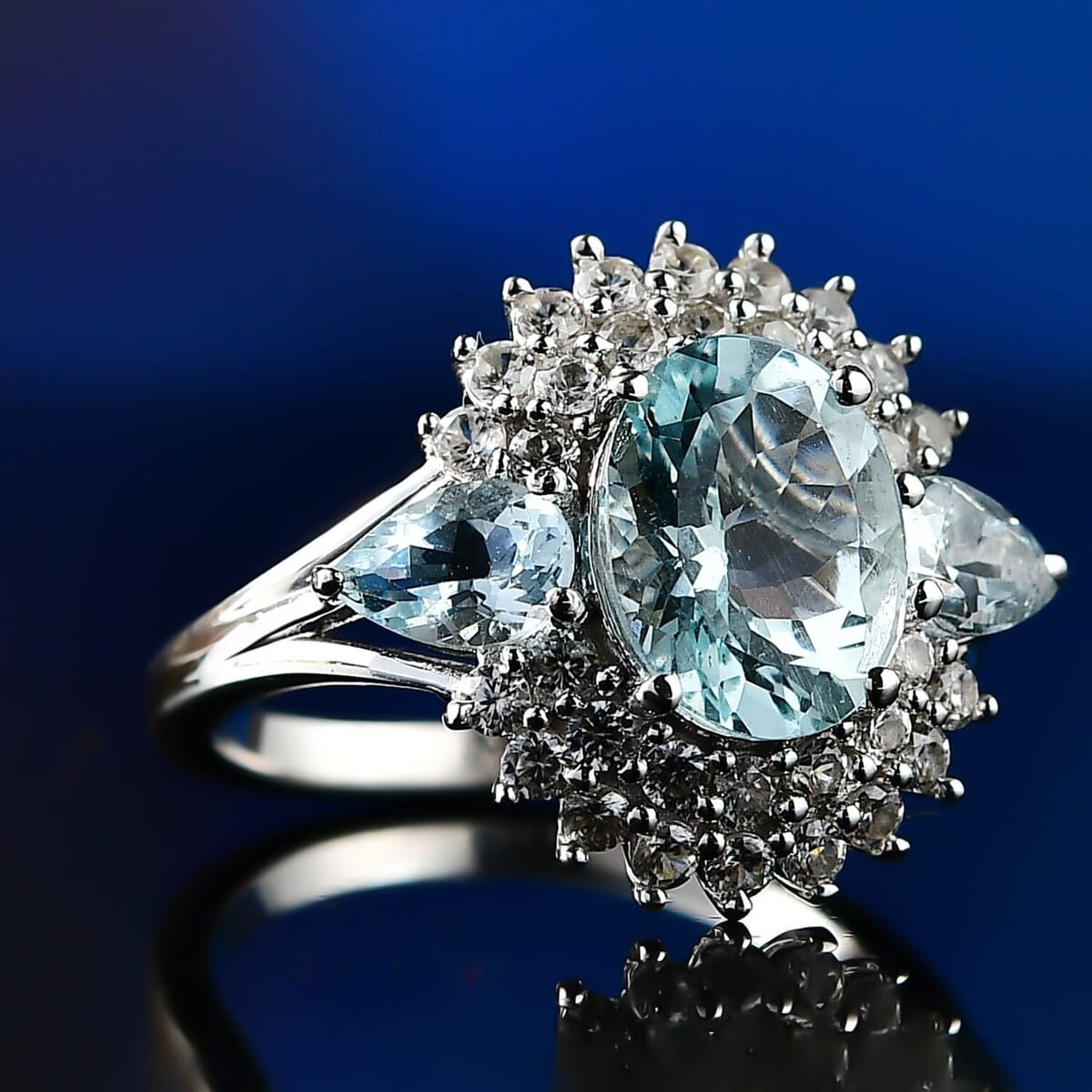 Mangoro Santo Aquamarine, White Zircon Flower Ring in Rhodium Over Sterling Silver (Size 11.0) 4.30 ctw image number 1