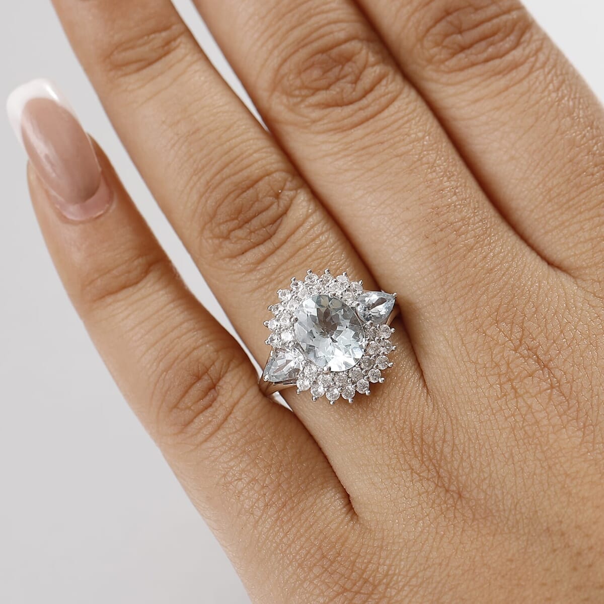 Mangoro Santo Aquamarine, White Zircon Flower Ring in Rhodium Over Sterling Silver (Size 11.0) 4.30 ctw image number 2