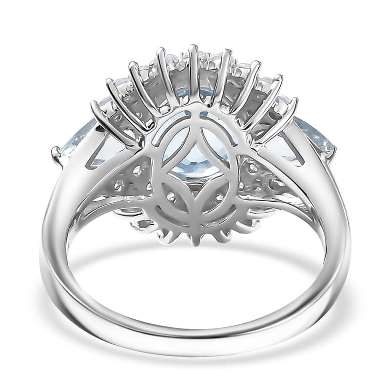 D'Joy Premium Mangoro Aquamarine and White Zircon 4.60 ctw Glacier Bloom Ring in Rhodium Over Sterling Silver (Size 8.0)