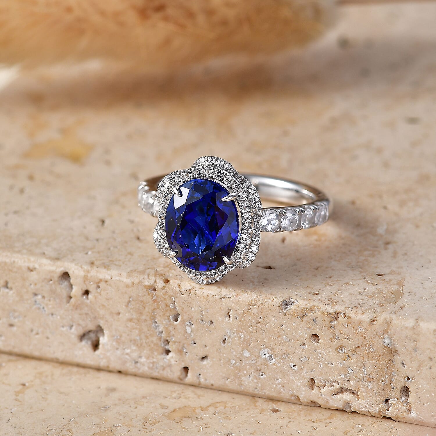 Lab Created Blue and White Sapphire 4.50 ctw Ring in Rhodium Over Sterling Silver (Size 7.0)
