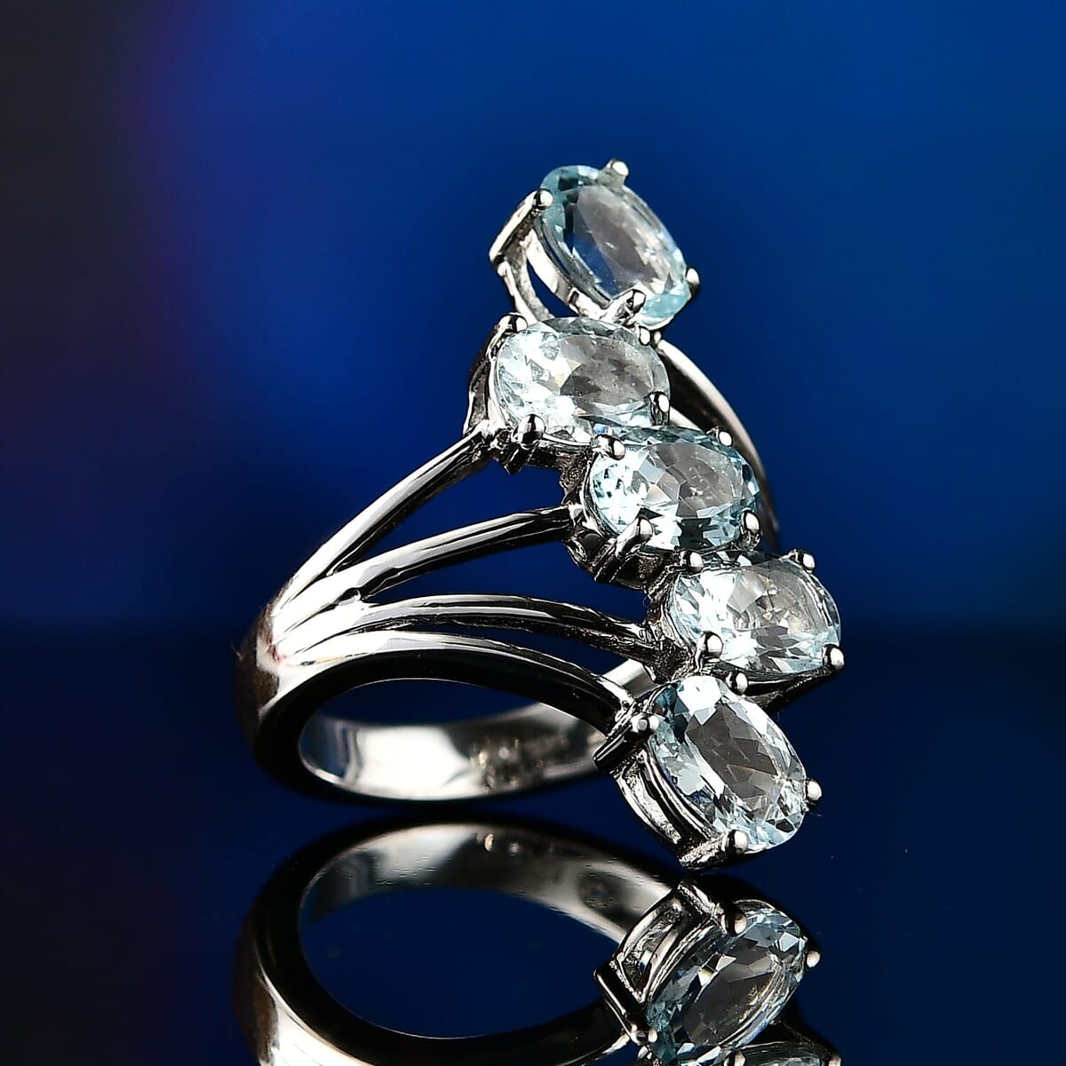 D'Joy Premium Mangoro Aquamarine 3.40 ctw Cascade Ring in Rhodium Over Sterling Silver (Size 8.0) image number 1
