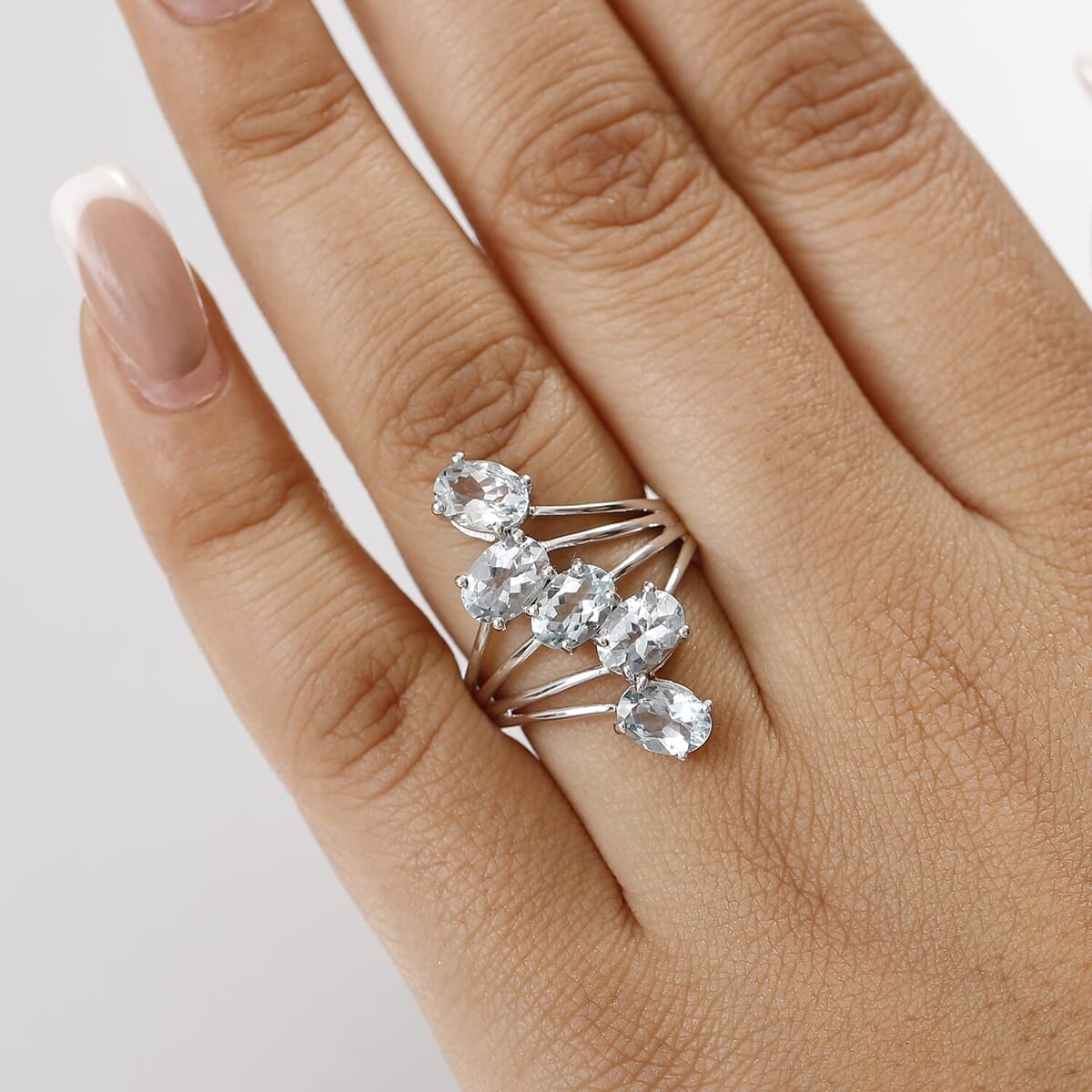 D'Joy Premium Mangoro Aquamarine 3.40 ctw Cascade Ring in Rhodium Over Sterling Silver (Size 8.0) image number 2
