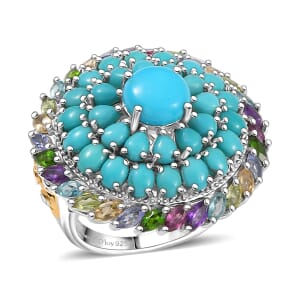 D'Joy Sleeping Beauty Turquoise, Multi Gemstone Ring in 18K Vermeil YG and Rhodium Over Sterling Silver (Size 10.0) 8.40 ctw