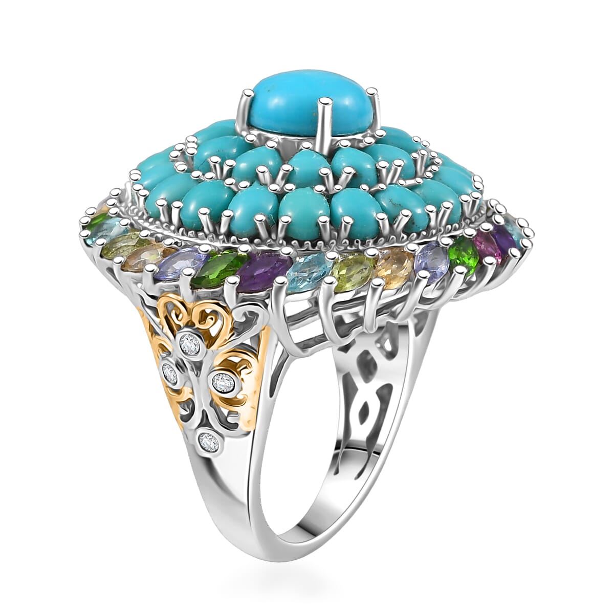 D'Joy Sleeping Beauty Turquoise, Multi Gemstone Ring in 18K Vermeil YG and Rhodium Over Sterling Silver (Size 10.0) 8.40 ctw image number 3