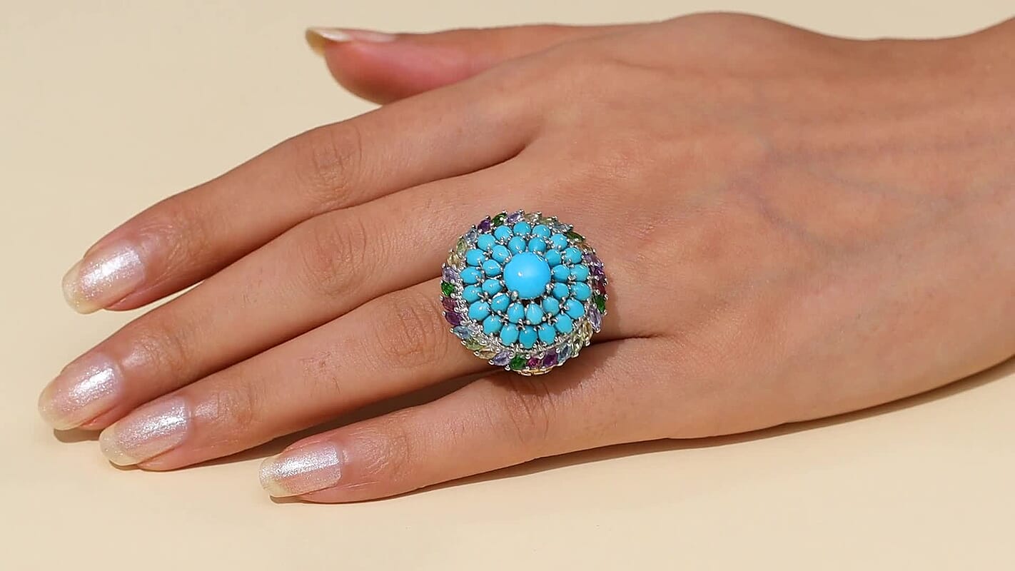 D'Joy Sleeping Beauty Turquoise, Multi Gemstone Ring in 18K Vermeil YG and Rhodium Over Sterling Silver (Size 10.0) 8.40 ctw