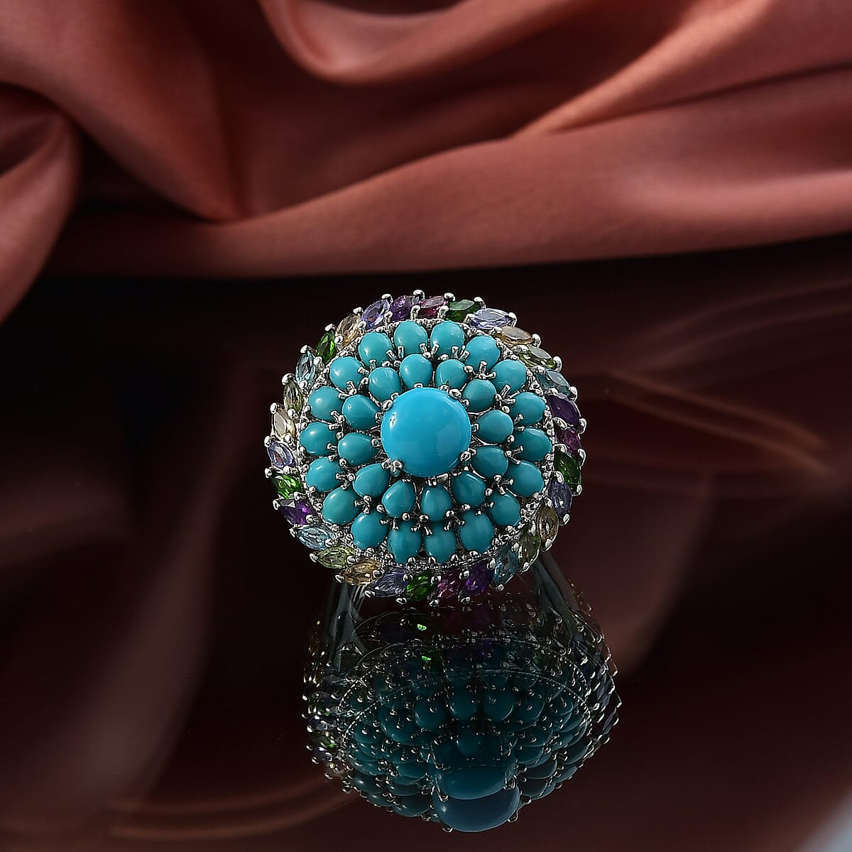 D'Joy Sleeping Beauty Turquoise and Multi Gemstone 8.40 ctw Iridescent Mirage Ring in Rhodium Over Sterling Silver (Size 9.0) image number 1