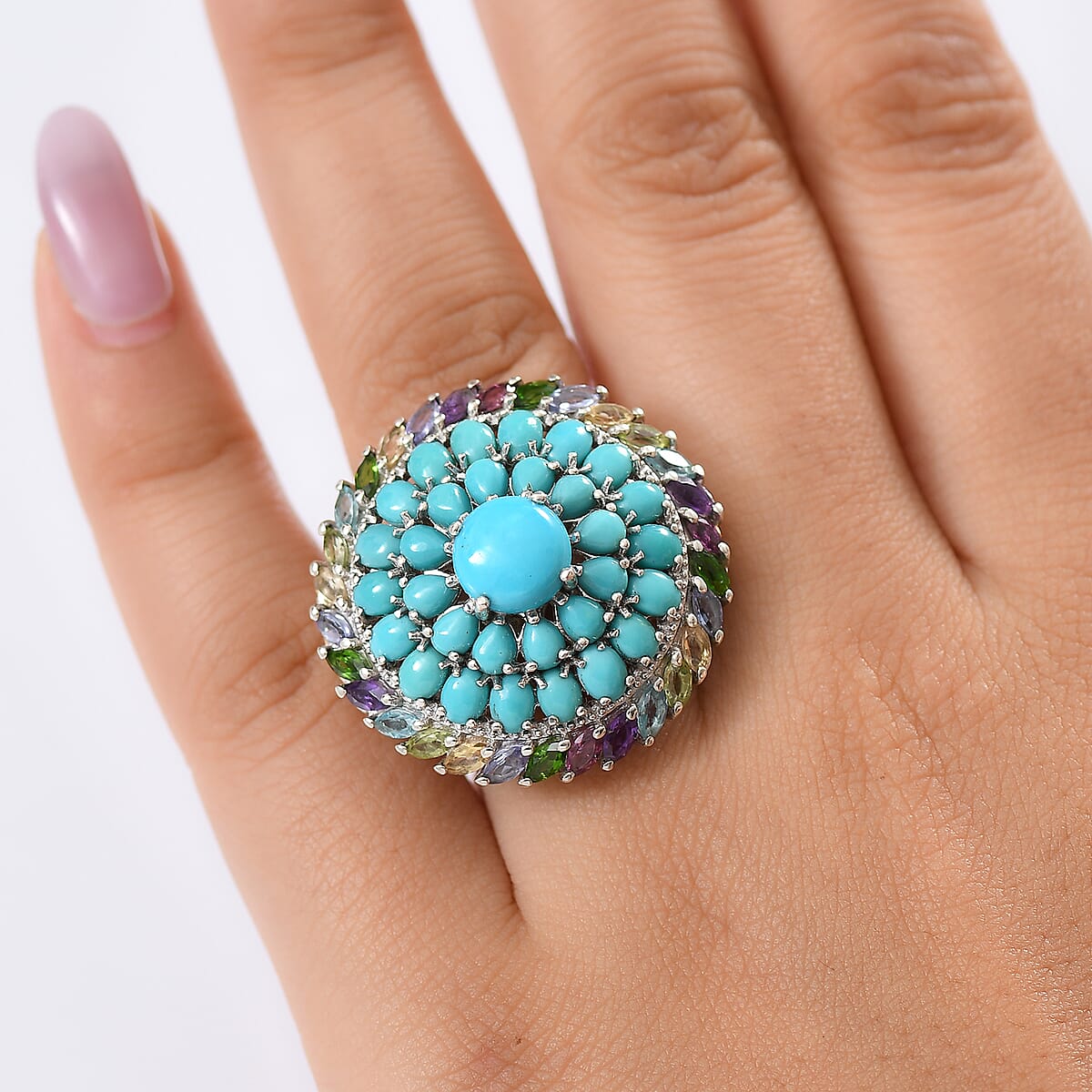 D'Joy Sleeping Beauty Turquoise and Multi Gemstone 8.40 ctw Iridescent Mirage Ring in Rhodium Over Sterling Silver (Size 9.0) image number 2
