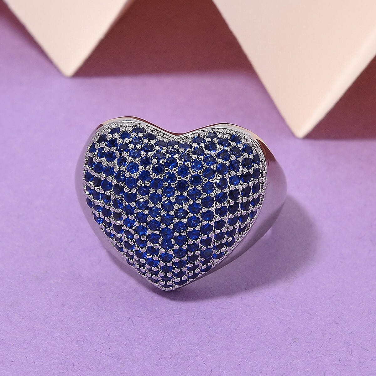 Simulated Blue Diamond Heart Ring in Silvertone (Size 10.0) image number 1