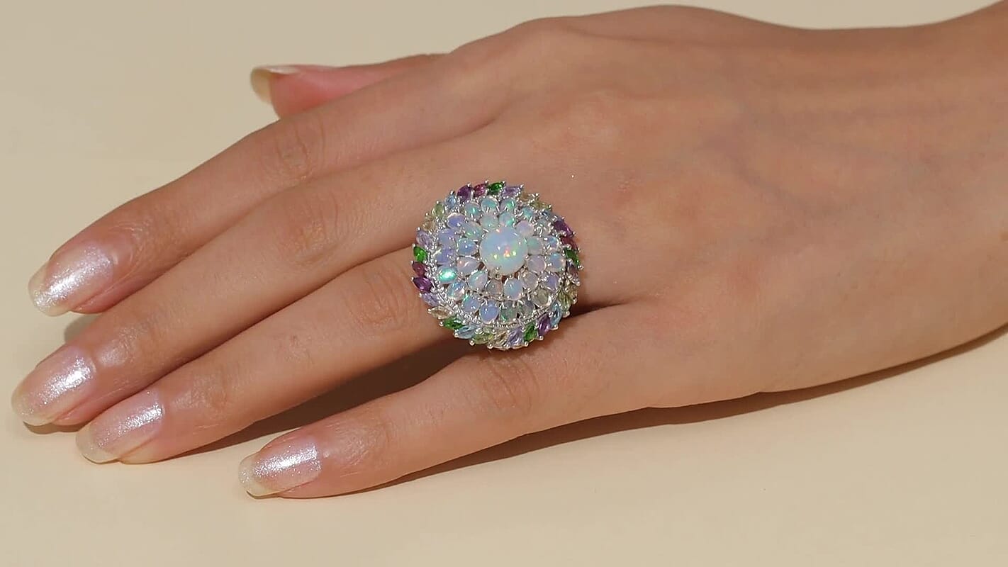 D'Joy Sleeping Beauty Turquoise, Multi Gemstone Ring in 18K Vermeil YG and Rhodium Over Sterling Silver (Size 10.0) 8.40 ctw