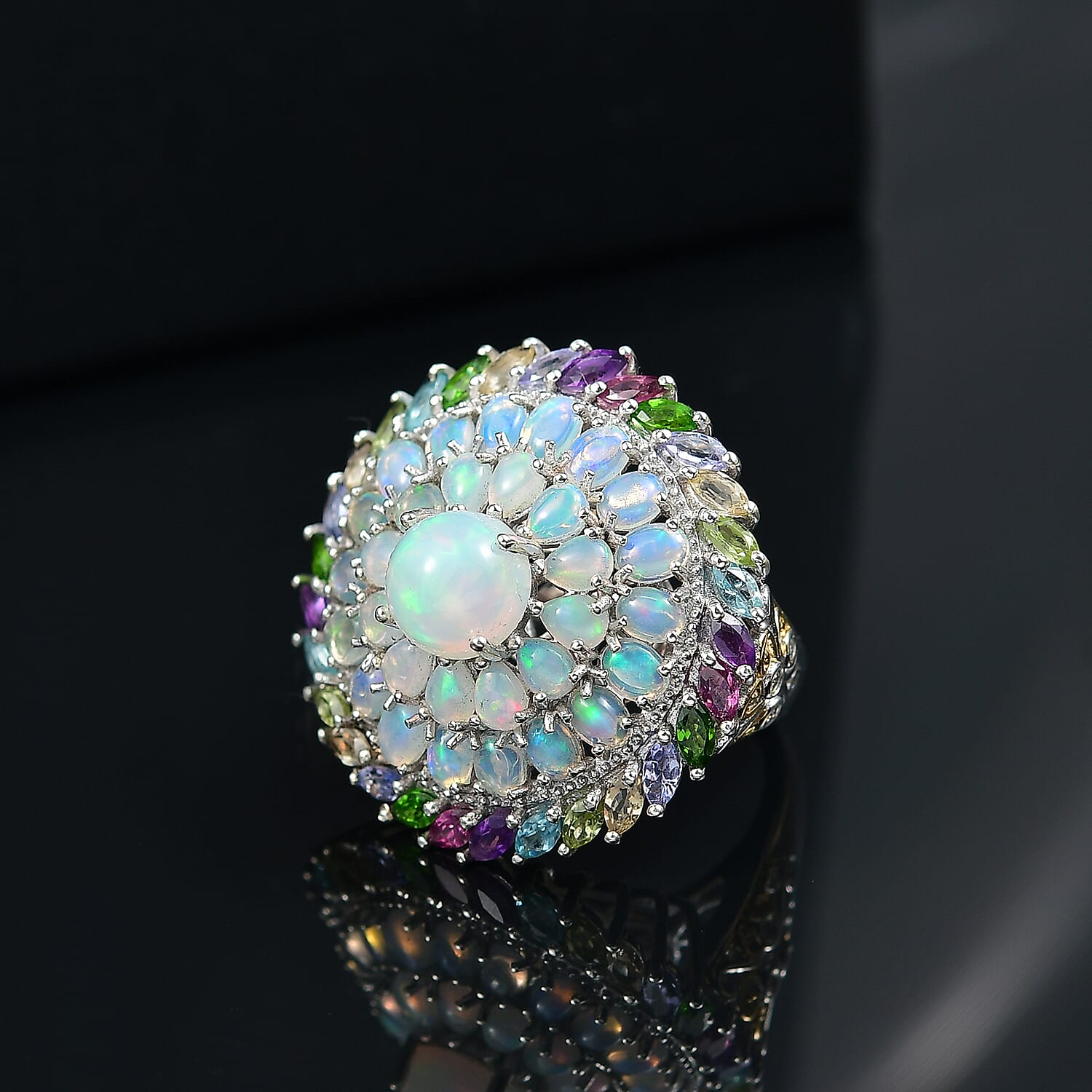 D'Joy Ethiopian Welo Opal, Multi Gemstone Ring in 18K Vermeil Yellow Gold and Rhodium Over Sterling Silver 7.10 ctw (Size 7.0)
