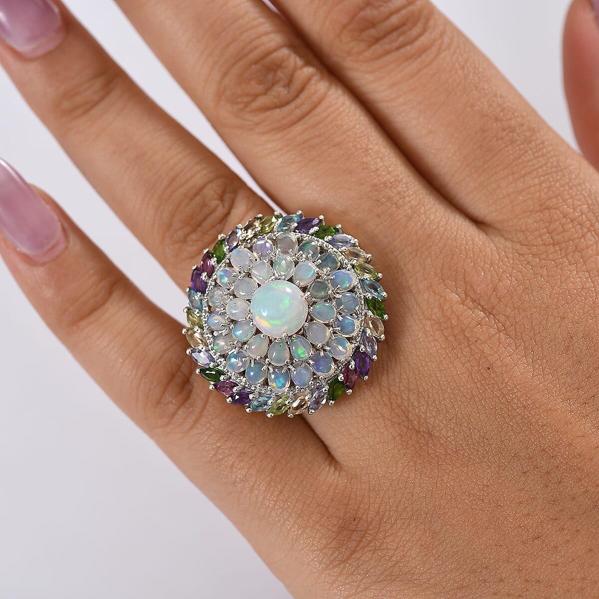 D'Joy Premium Ethiopian Welo Opal and Multi Gemstone 7.10 ctw Iridescent Mirage Ring in 18K Vermeil YG and Rhodium Over Sterling Silver (Size 8.0) image number 2