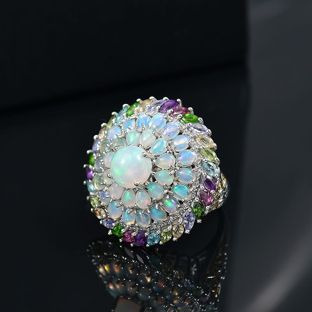 D'Joy Premium Ethiopian Welo Opal and Multi Gemstone 7.10 ctw Iridescent Mirage Ring in 18K Vermeil YG and Rhodium Over Sterling Silver (Size 9.0) image number 1