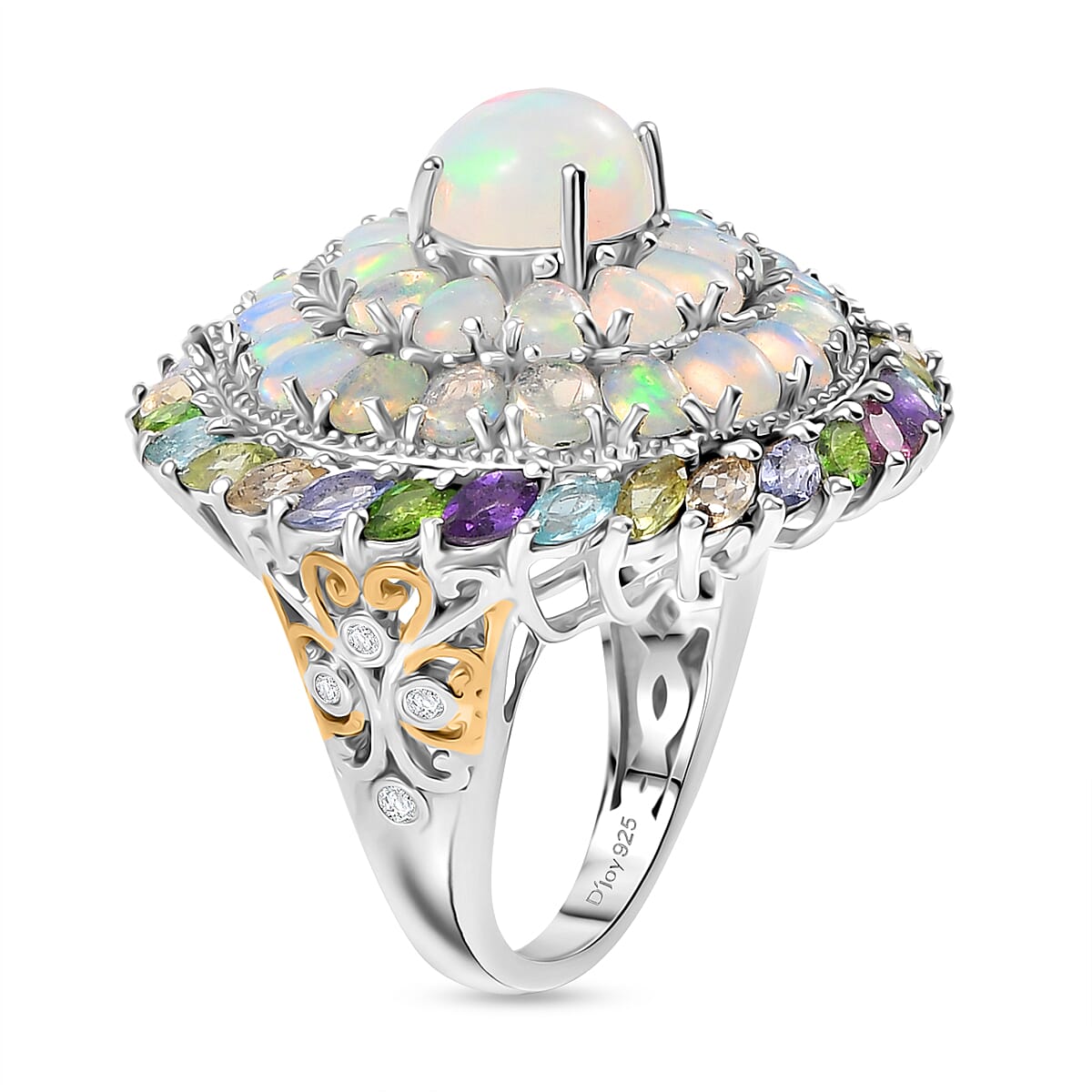 D'Joy Premium Ethiopian Welo Opal and Multi Gemstone 7.10 ctw Iridescent Mirage Ring in 18K Vermeil YG and Rhodium Over Sterling Silver (Size 9.0) image number 3