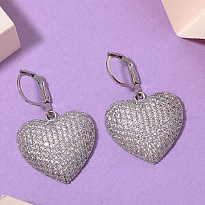 Simulated Diamond Heart Lever Back Earrings in Silvertone 