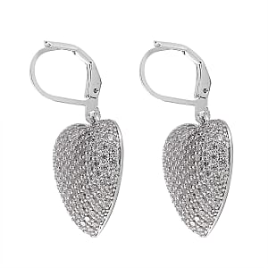 Simulated Diamond Heart Lever Back Earrings in Silvertone 
