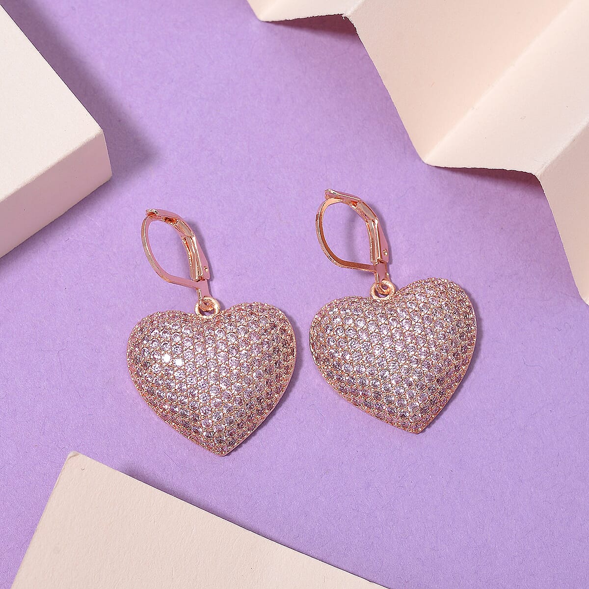 Simulated Pink Diamond 240.00 ctw Heart Lever Back Earrings in Rosetone  image number 1