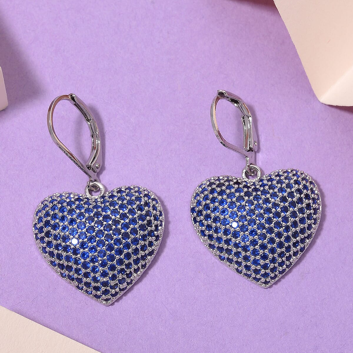 Simulated Blue Diamond 240.00 ctw Heart Lever Back Earrings in Silvertone  image number 1