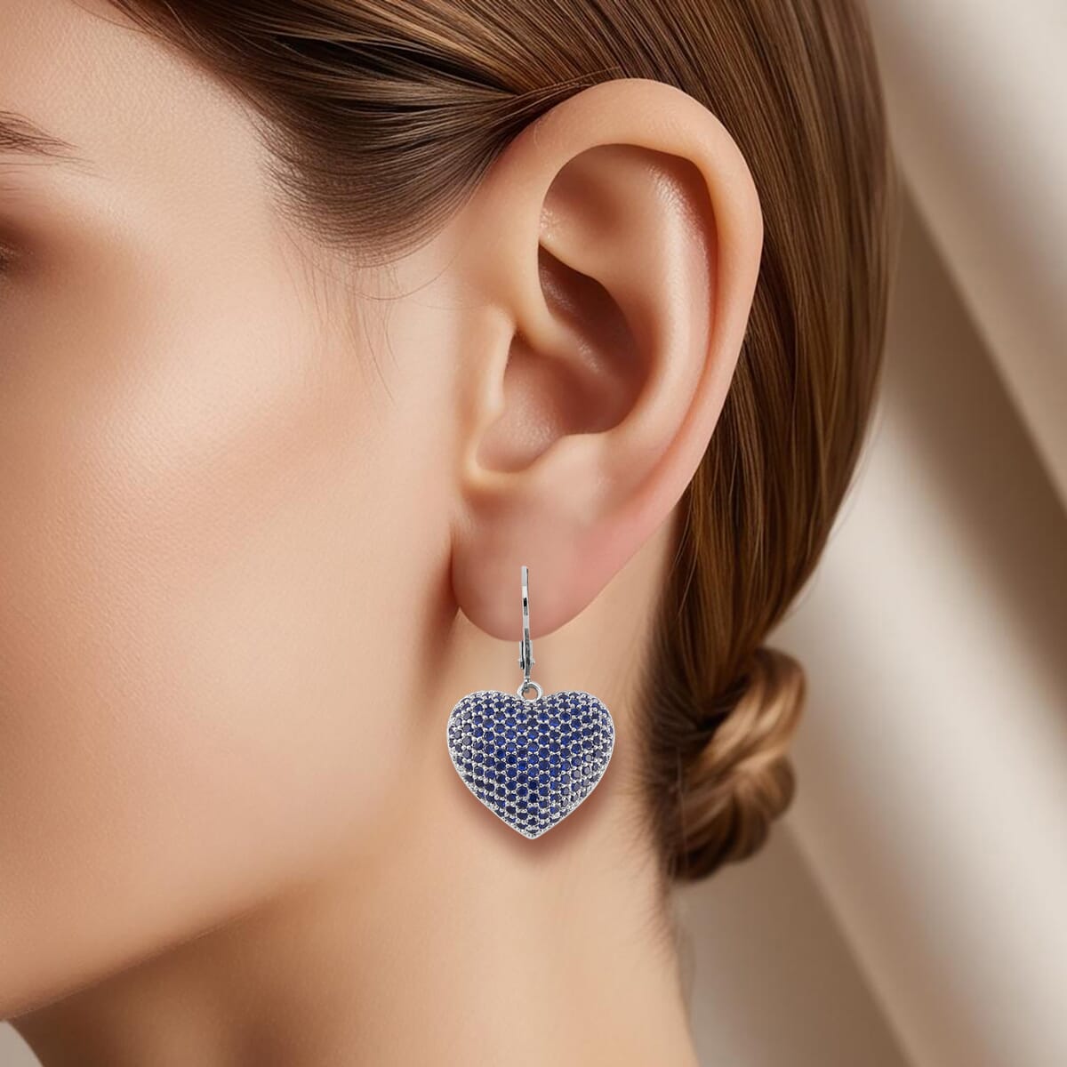 Simulated Blue Diamond 240.00 ctw Heart Lever Back Earrings in Silvertone  image number 2