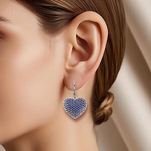 Simulated Blue Diamond Heart Lever Back Earrings in Silvertone 