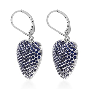 Simulated Blue Diamond Heart Lever Back Earrings in Silvertone 