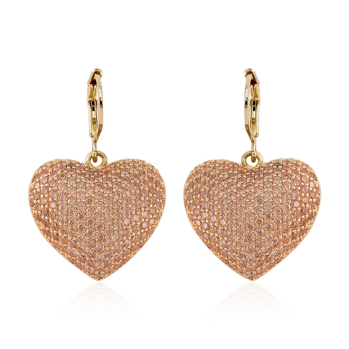 Simulated Champagne Color Diamond 240.00 ctw Heart Lever Back Earrings in Goldtone  image number 0