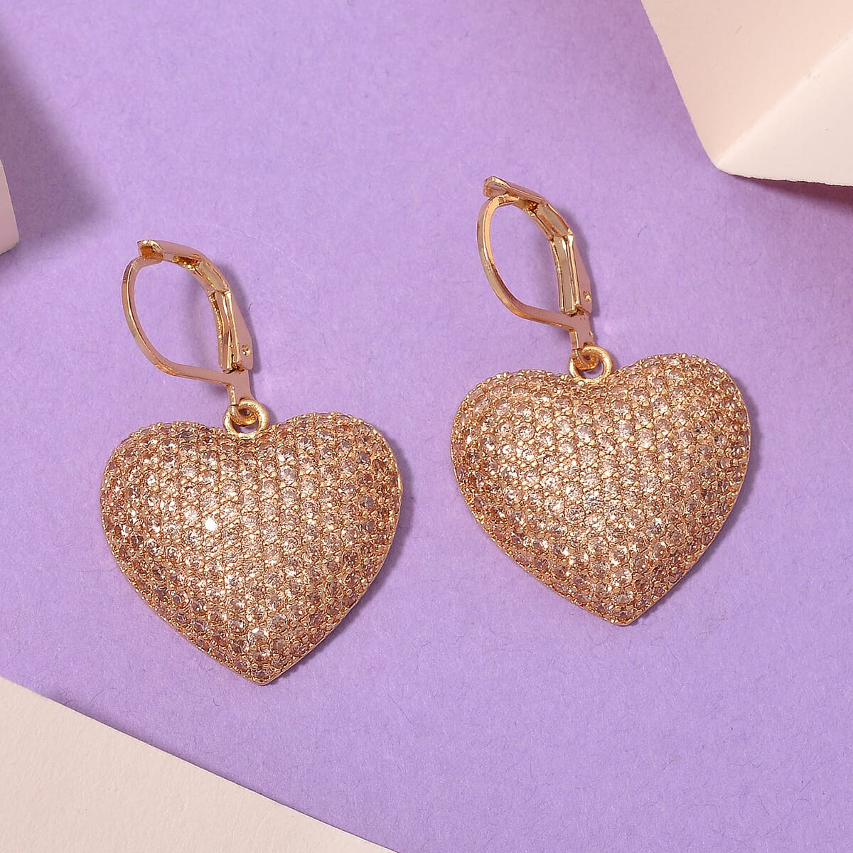 Simulated Champagne Color Diamond 240.00 ctw Heart Lever Back Earrings in Goldtone  image number 1