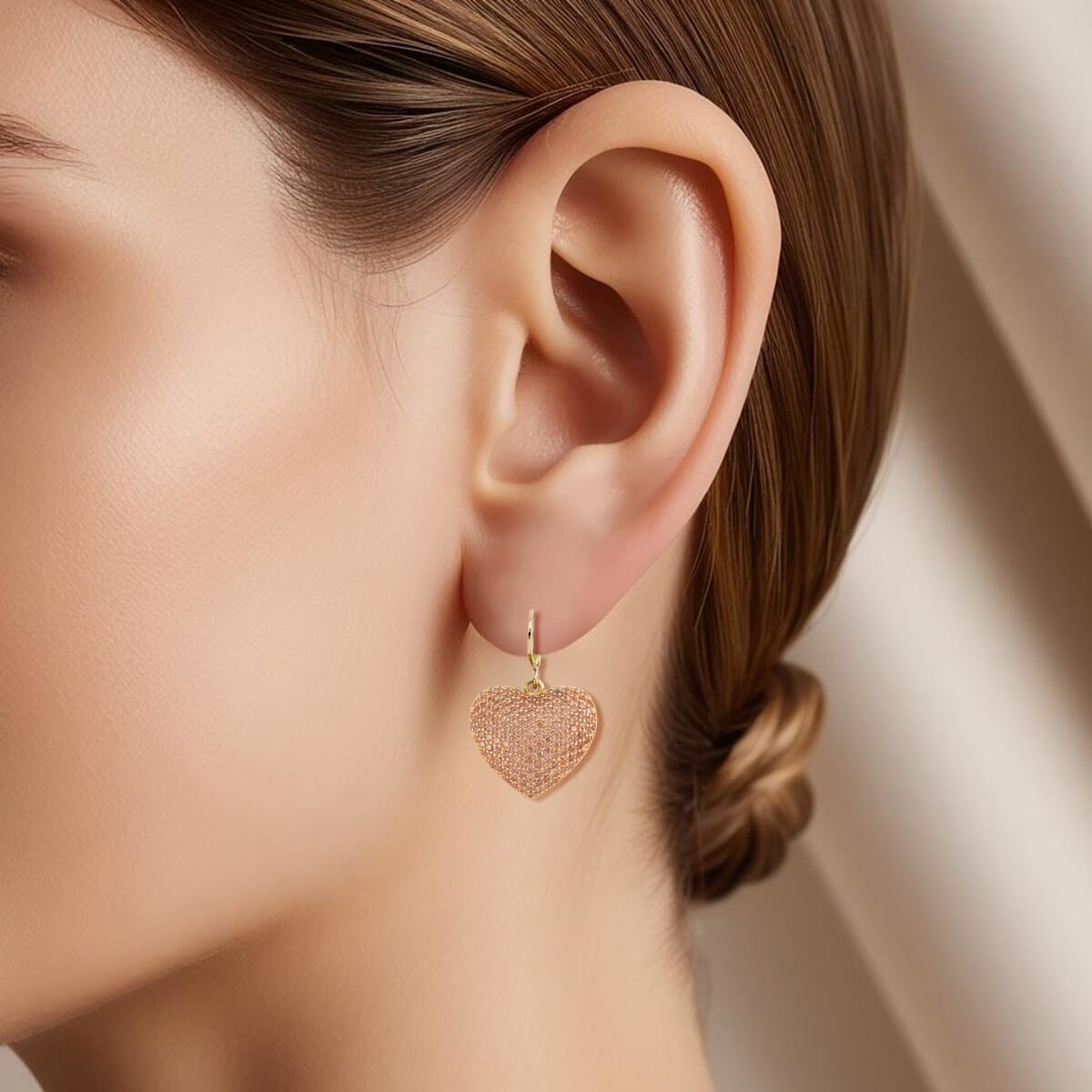 Simulated Champagne Color Diamond 240.00 ctw Heart Lever Back Earrings in Goldtone  image number 2