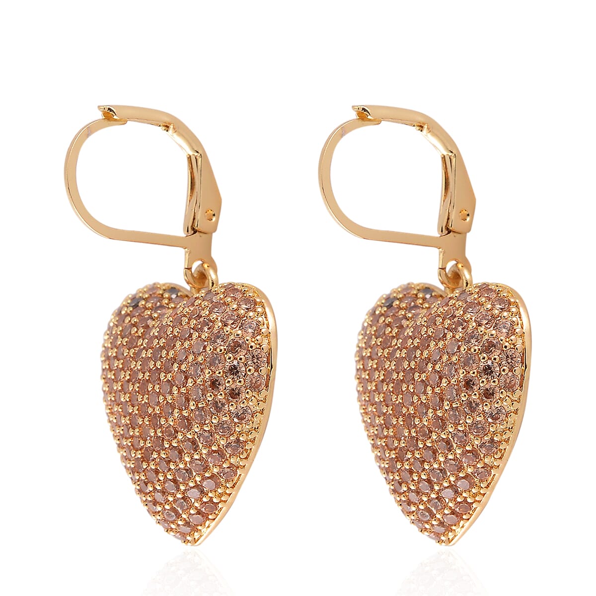 Simulated Champagne Color Diamond 240.00 ctw Heart Lever Back Earrings in Goldtone  image number 3