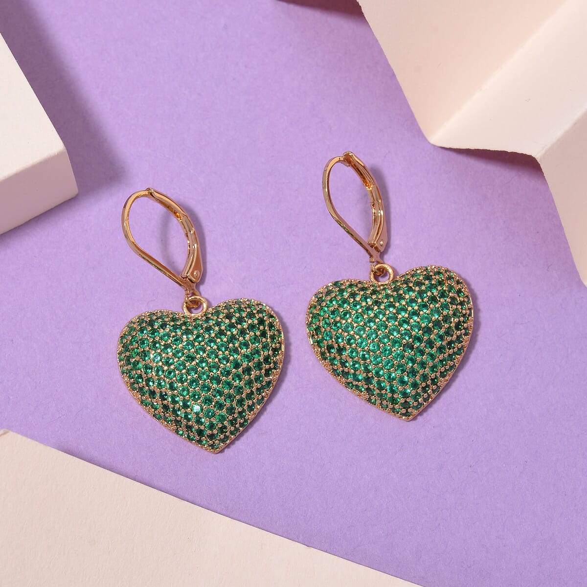 Simulated Green Diamond 240.00 ctw Heart Lever Back Earrings in Goldtone  image number 1