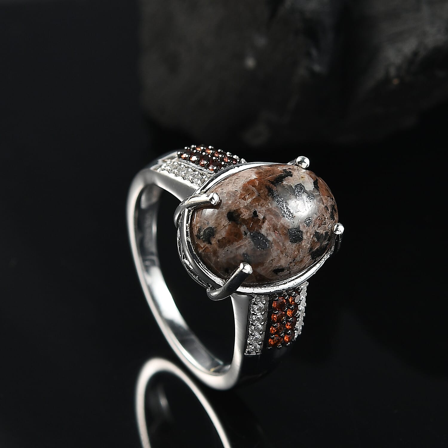 D'Joy Natural Yooperlite and Multi Gemstone 6.00 ctw Lunar Glow Ring in Rhodium Over Sterling Silver (Size 10.0) with Free UV Flash Light 