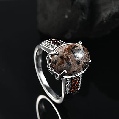 D'Joy Natural Yooperlite and Multi Gemstone 6.00 ctw Lunar Glow Ring in Rhodium Over Sterling Silver (Size 10.0) with Free UV Flash Light 