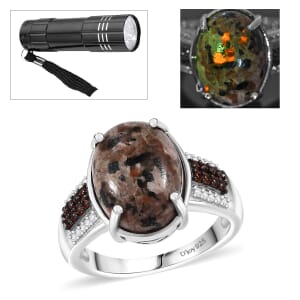 Natural Yooperlite and Multi Gemstone 6.00 ctw Lunar Glow Ring in Rhodium Over Sterling Silver (Size 7.0) with Free UV Flash Light 