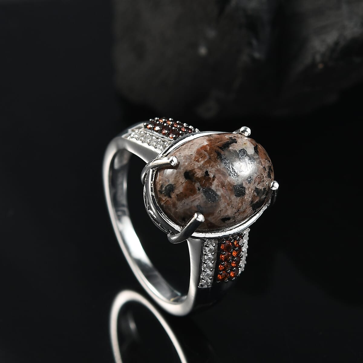 D'Joy Natural Yooperlite and Multi Gemstone 6.00 ctw Lunar Glow Ring in Rhodium Over Sterling Silver (Size 7.0) with Free UV Flash Light  image number 1