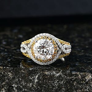 D'Joy 100 Facets Moissanite and Yellow Sapphire 3.70 ctw Celestial Halo Ring in Rhodium Over Sterling Silver (Size 10.0)
