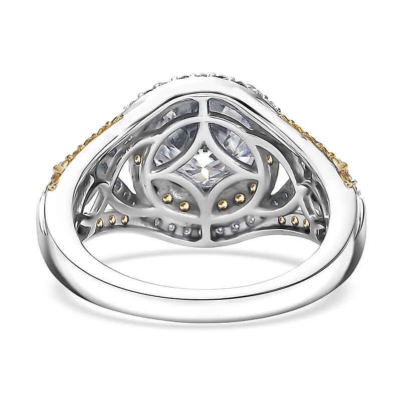 D'Joy 100 Facets Moissanite and Yellow Sapphire 3.70 ctw Celestial Halo Ring in Rhodium Over Sterling Silver (Size 10.0)